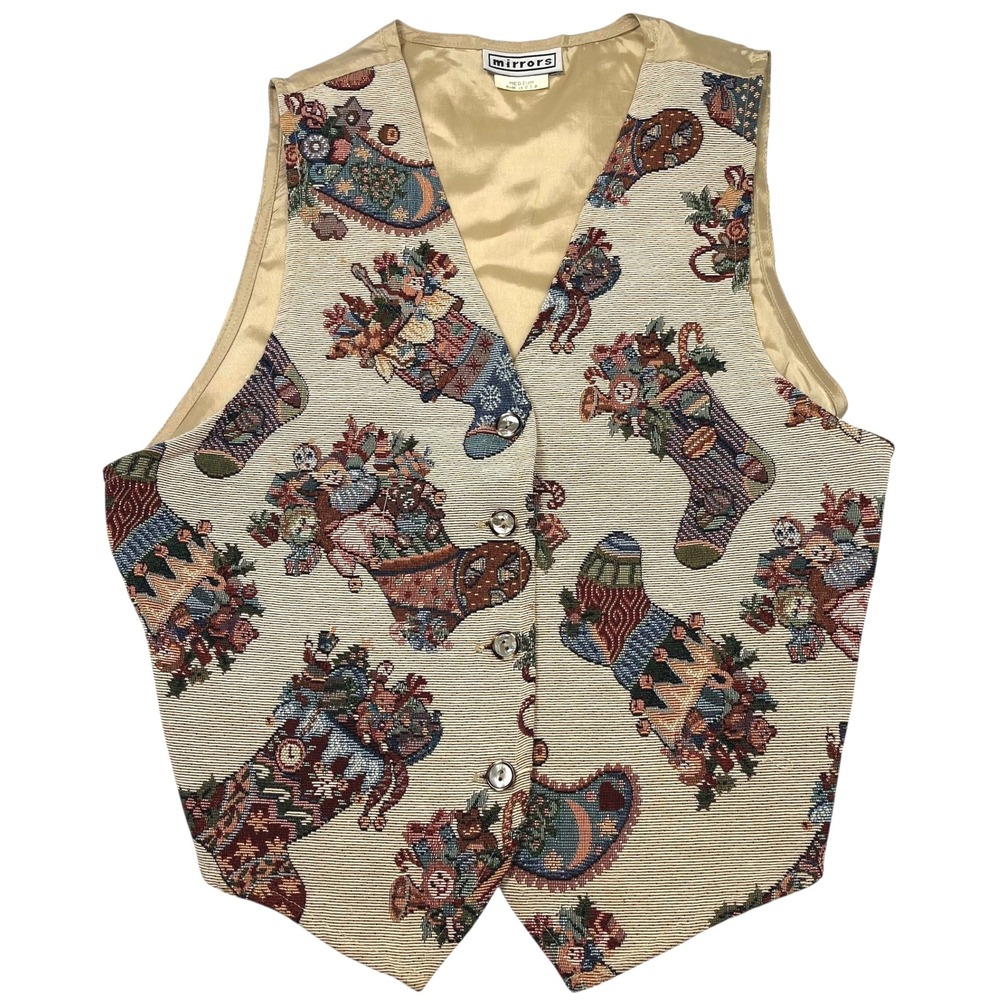 VTG Christmas Tapestry Vest Women's M Tan Holiday Party Winter Novelty Stockings